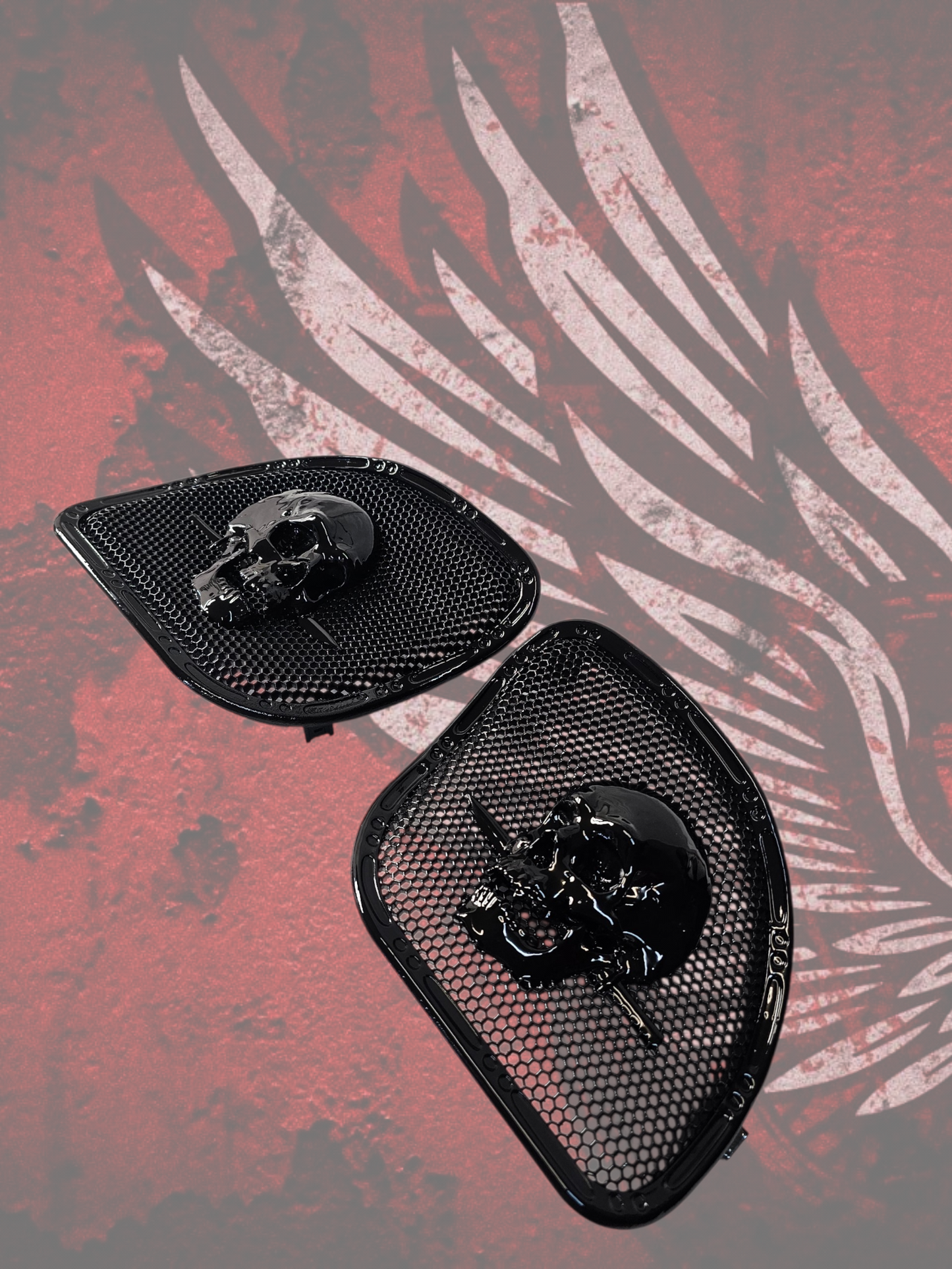 98 to 2024+ Road Glide 3D skull and dagger speakers grill covers set