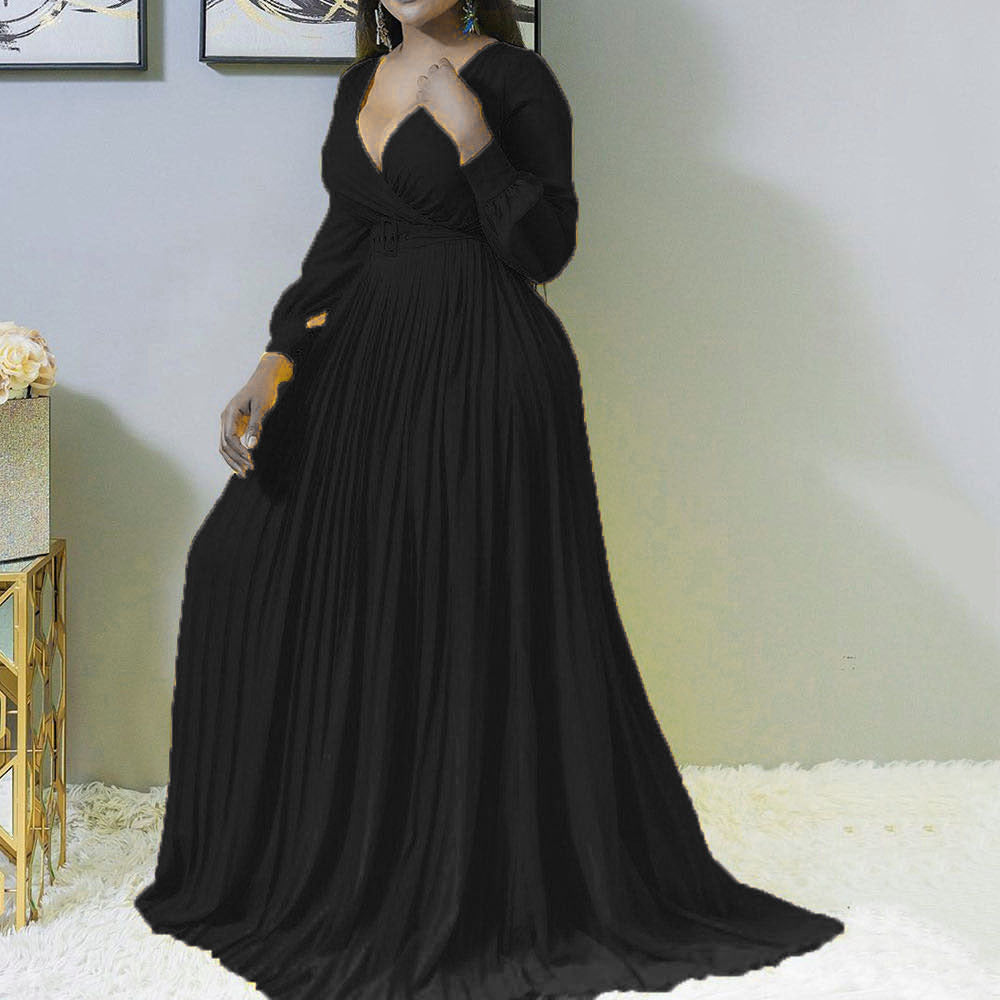 Women's Deep V Cross Gathers Front Chest Lower Solid Color Dresses