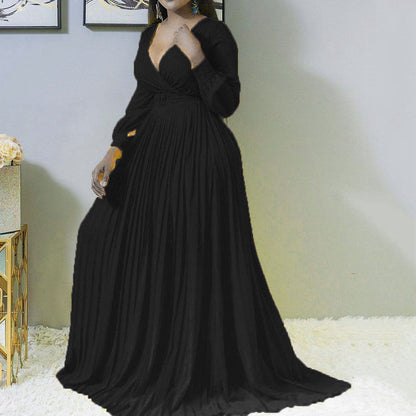 Women's Deep V Cross Gathers Front Chest Lower Solid Color Dresses
