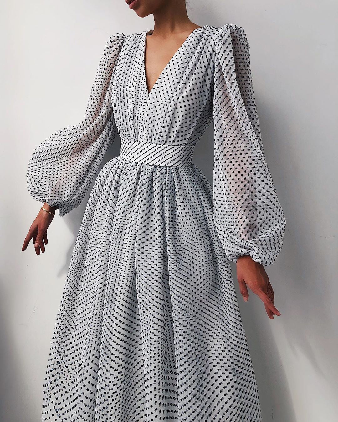 Elegant Lady Puff Sleeve Polka Dot Dresses
