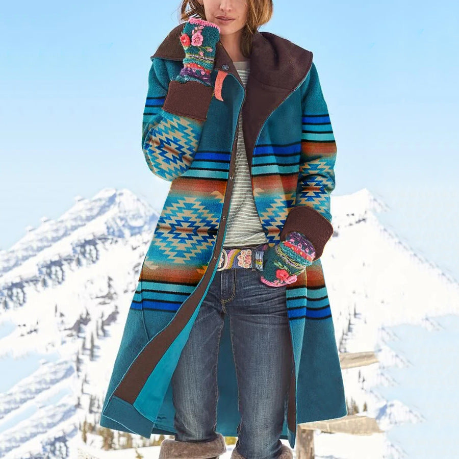 Women's Mid-length Printed Long-sleeved Dragon Phoenix Woolen Coats
