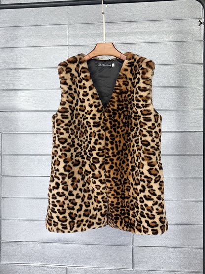 Women's Rex Rabbit Fur Leopard Print Winter Mid-length Coats