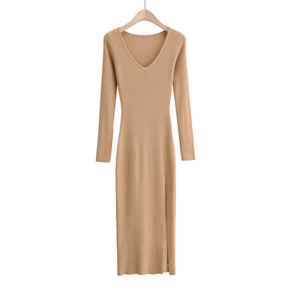 Side Slit Knitted Long-sleeved Dress Sunken Stripe Dresses