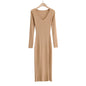 Side Slit Knitted Long-sleeved Dress Sunken Stripe Dresses