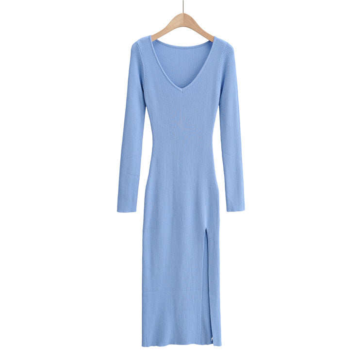 Side Slit Knitted Long-sleeved Dress Sunken Stripe Dresses