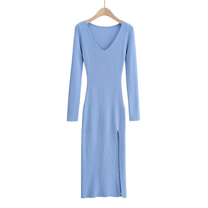 Side Slit Knitted Long-sleeved Dress Sunken Stripe Dresses