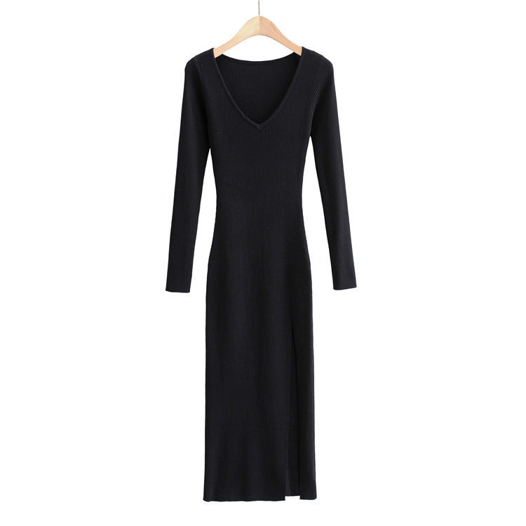 Side Slit Knitted Long-sleeved Dress Sunken Stripe Dresses