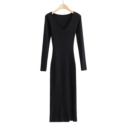 Side Slit Knitted Long-sleeved Dress Sunken Stripe Dresses