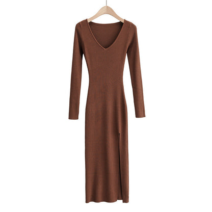 Side Slit Knitted Long-sleeved Dress Sunken Stripe Dresses