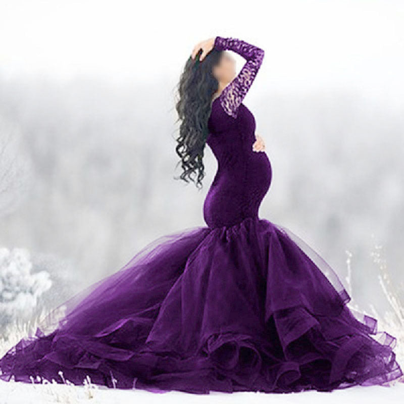 Women's Stitching Mesh Pregnant Floating Tail Long Dresses