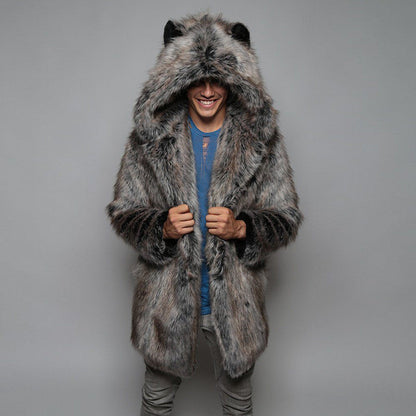 Men's Large Imitation Fur Mid-length Hooded Artificial Coats