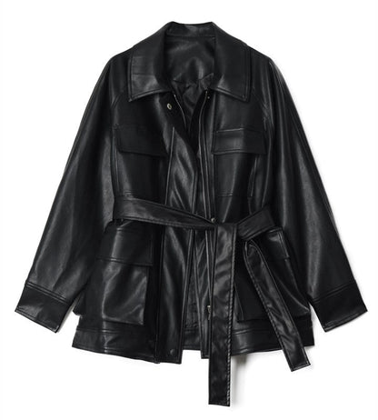 Women's Leather Spring Motorcycle Mid-length Retro Large Jackets