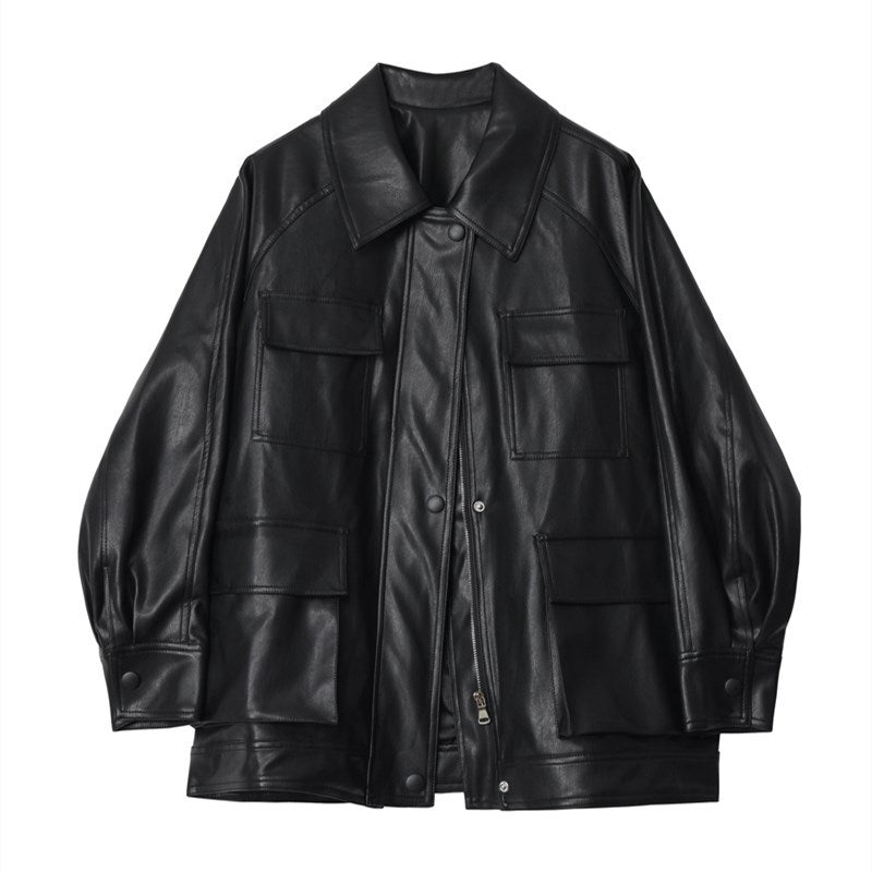 Women's Leather Spring Motorcycle Mid-length Retro Large Jackets