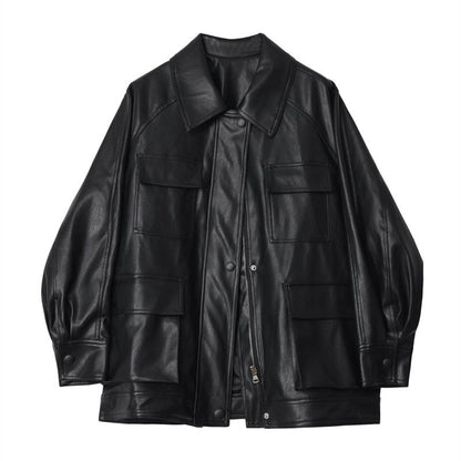 Women's Leather Spring Motorcycle Mid-length Retro Large Jackets