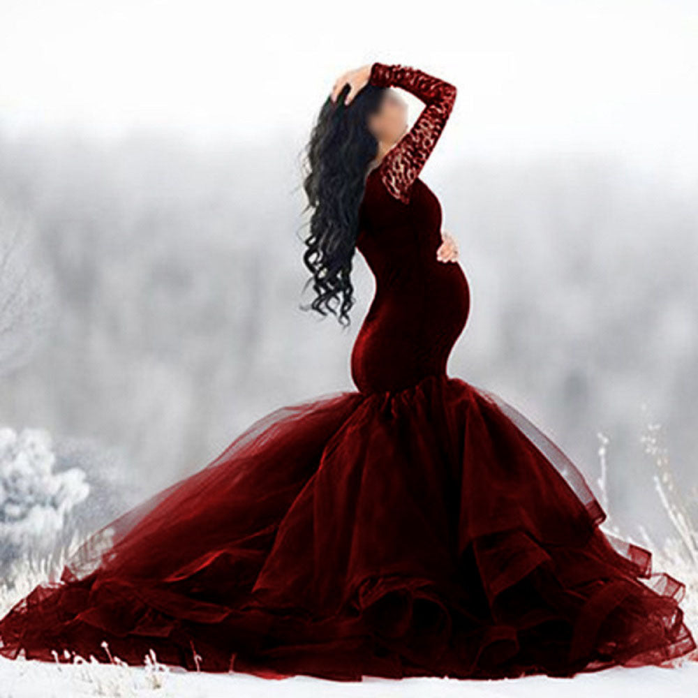 Women's Stitching Mesh Pregnant Floating Tail Long Dresses