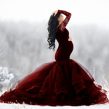 Women's Stitching Mesh Pregnant Floating Tail Long Dresses