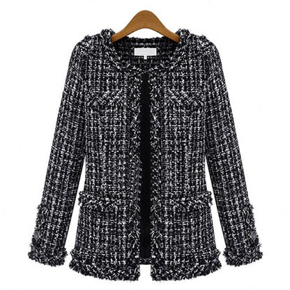 Women's Black White Lattice Pattern Tweed Coats