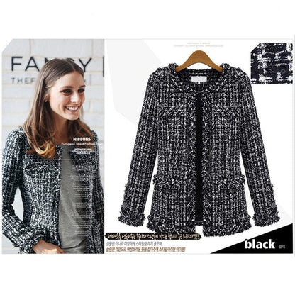Women's Black White Lattice Pattern Tweed Coats
