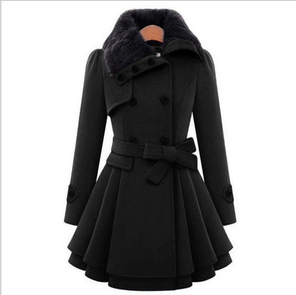 Women's Mid-length Woolen Double-breasted Thickened Color Coats