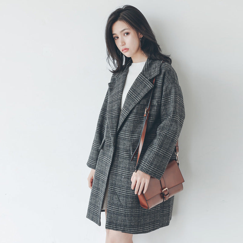 Women's Cotton Padded Plaid Wool Mid-length Slimming Coats