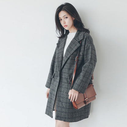 Women's Cotton Padded Plaid Wool Mid-length Slimming Coats