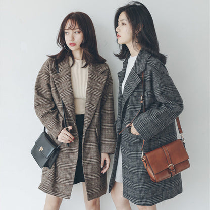 Women's Cotton Padded Plaid Wool Mid-length Slimming Coats