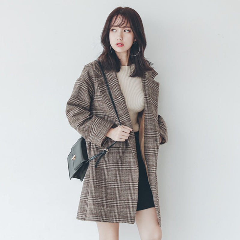 Women's Cotton Padded Plaid Wool Mid-length Slimming Coats
