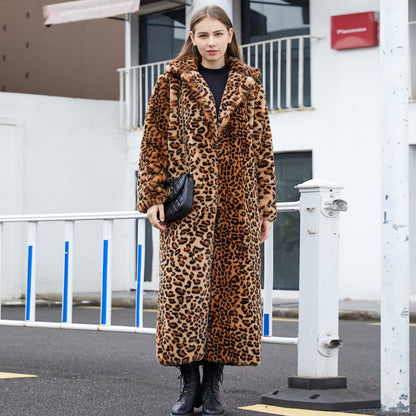 Leopard Print Rabbit Super Long Collar Coats