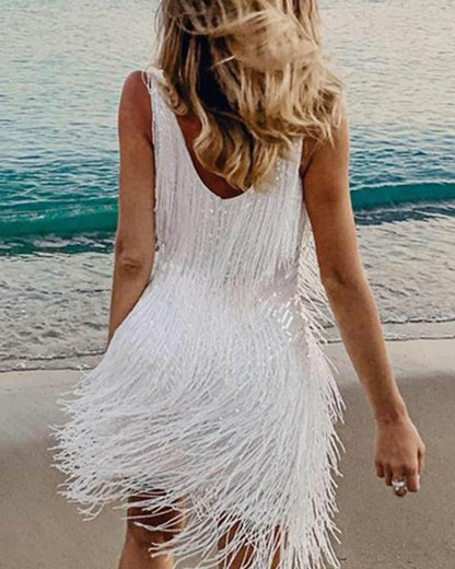 Women's Autumn Elegant Patchwork Tassel Midi Dress Dresses