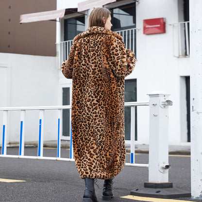 Leopard Print Rabbit Super Long Collar Coats