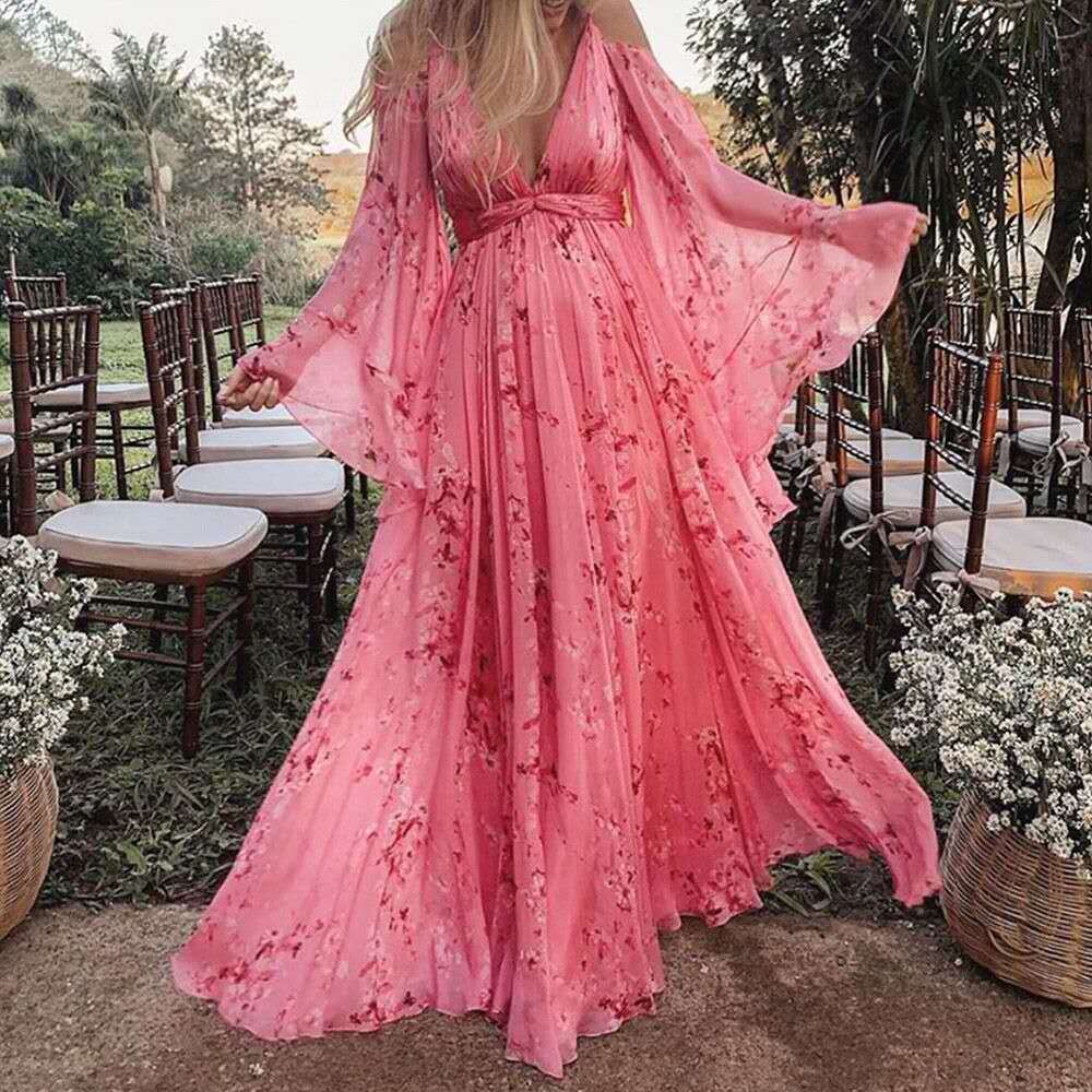 Women's Floral Pink Long Dress Pregnant Large Dresses