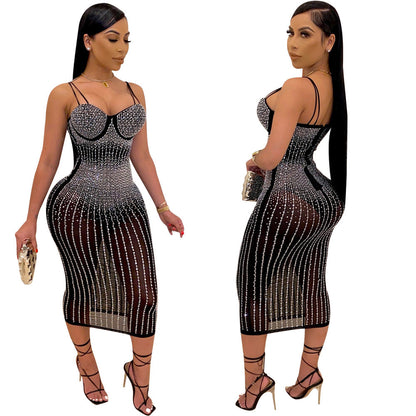 Women's Classic Sling Rhinestone Slim Dress Dresses