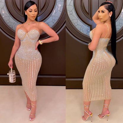 Women's Classic Sling Rhinestone Slim Dress Dresses