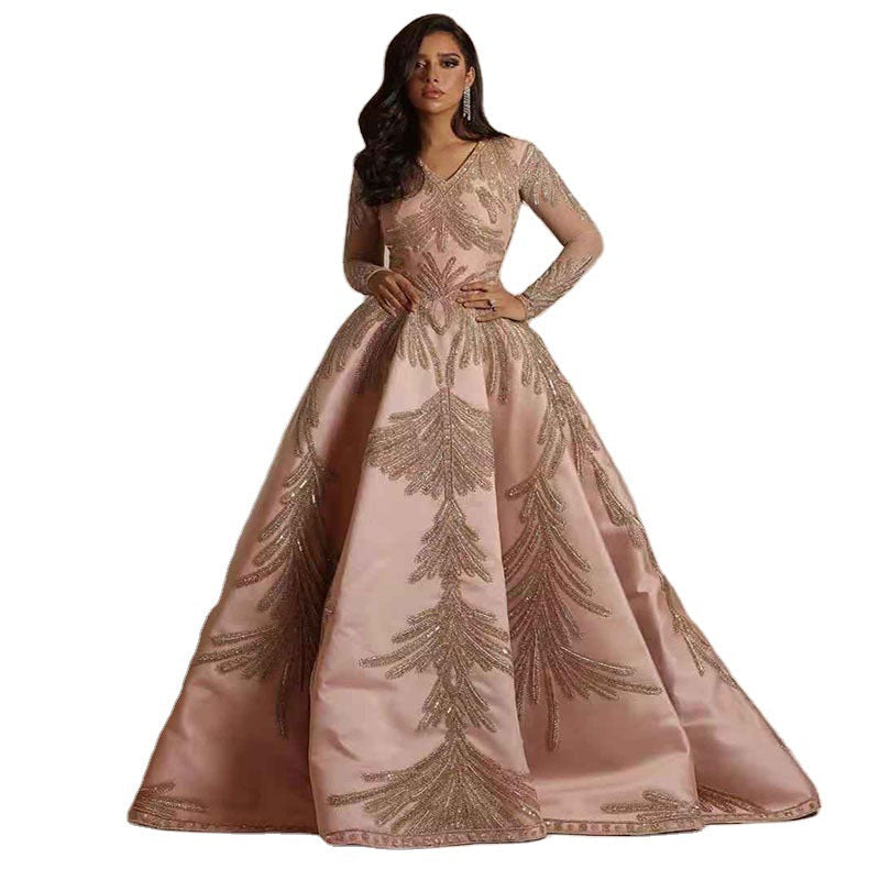 Women's Glossy Silk Bronzing Long Sleeve Dress Wedding Dresses