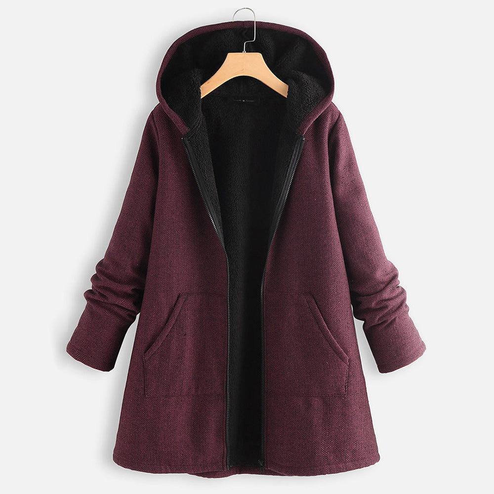 Women's Casual Fleece Thick Mid-length Hooded Coats