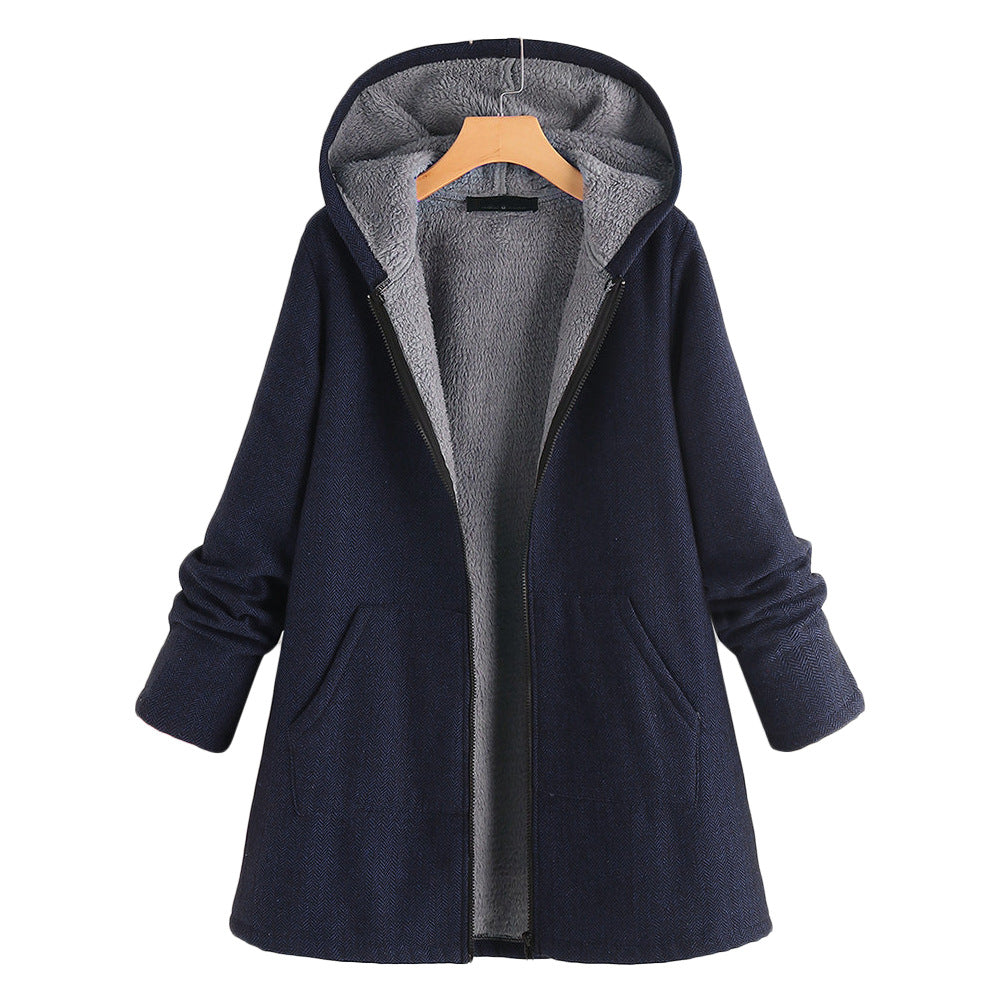 Women's Casual Fleece Thick Mid-length Hooded Coats