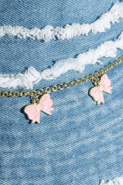 Frayed Denim Trim Ribbon Bow Charms Bucket Hat