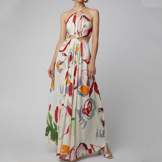 Spring Summer Women Clothing Slim Fit Large Swing Sling Stitching Printing Maxi Dress Beach Dress