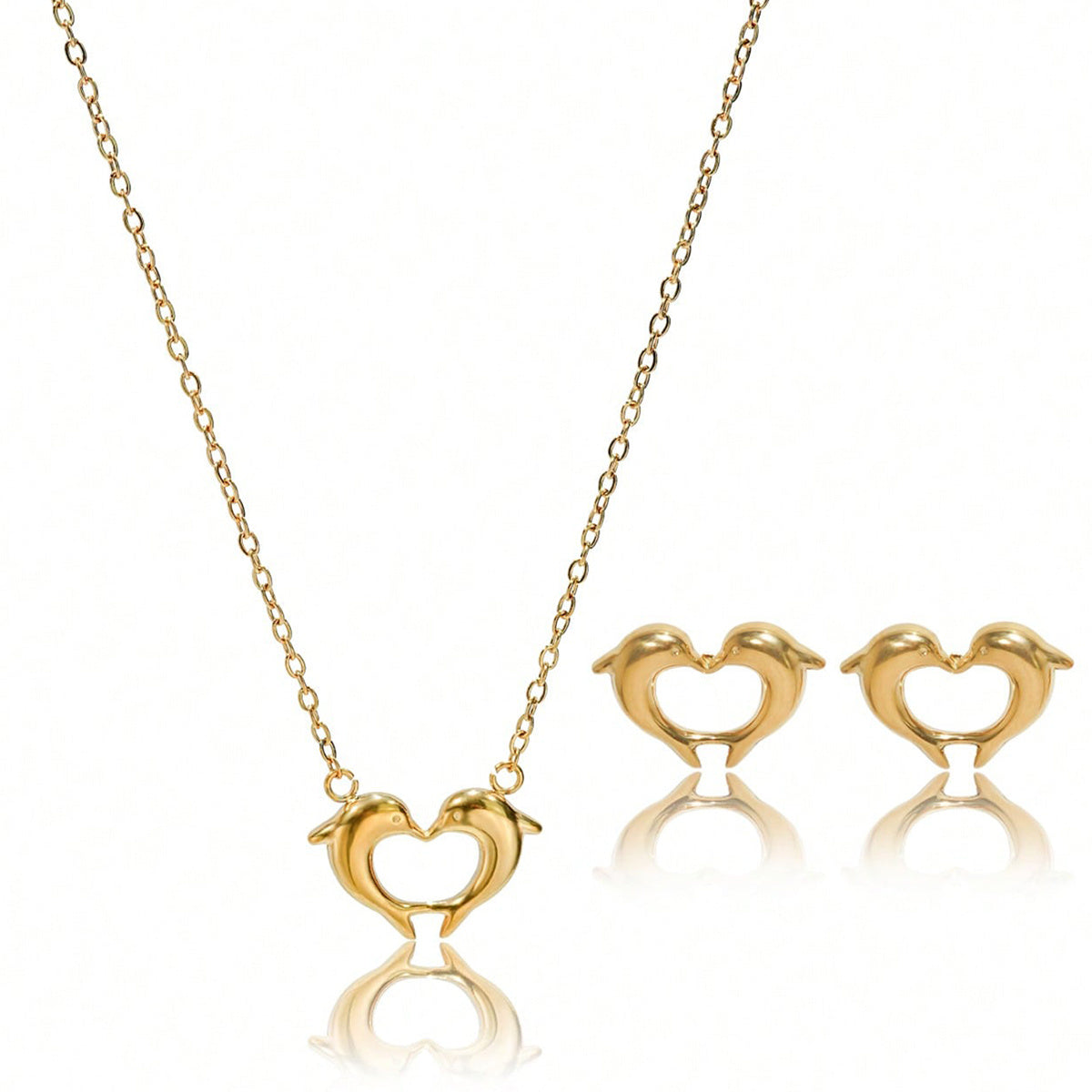 Lxalry 18K Gold Plated Stainless Steel Dolphin Heart Necklace & Earrings Set - Elegant Gift Jewelry, Waterproof & Hypoallergenic, Ideal For Birthday, Anniversary, Valentine's Day & Daily Wear