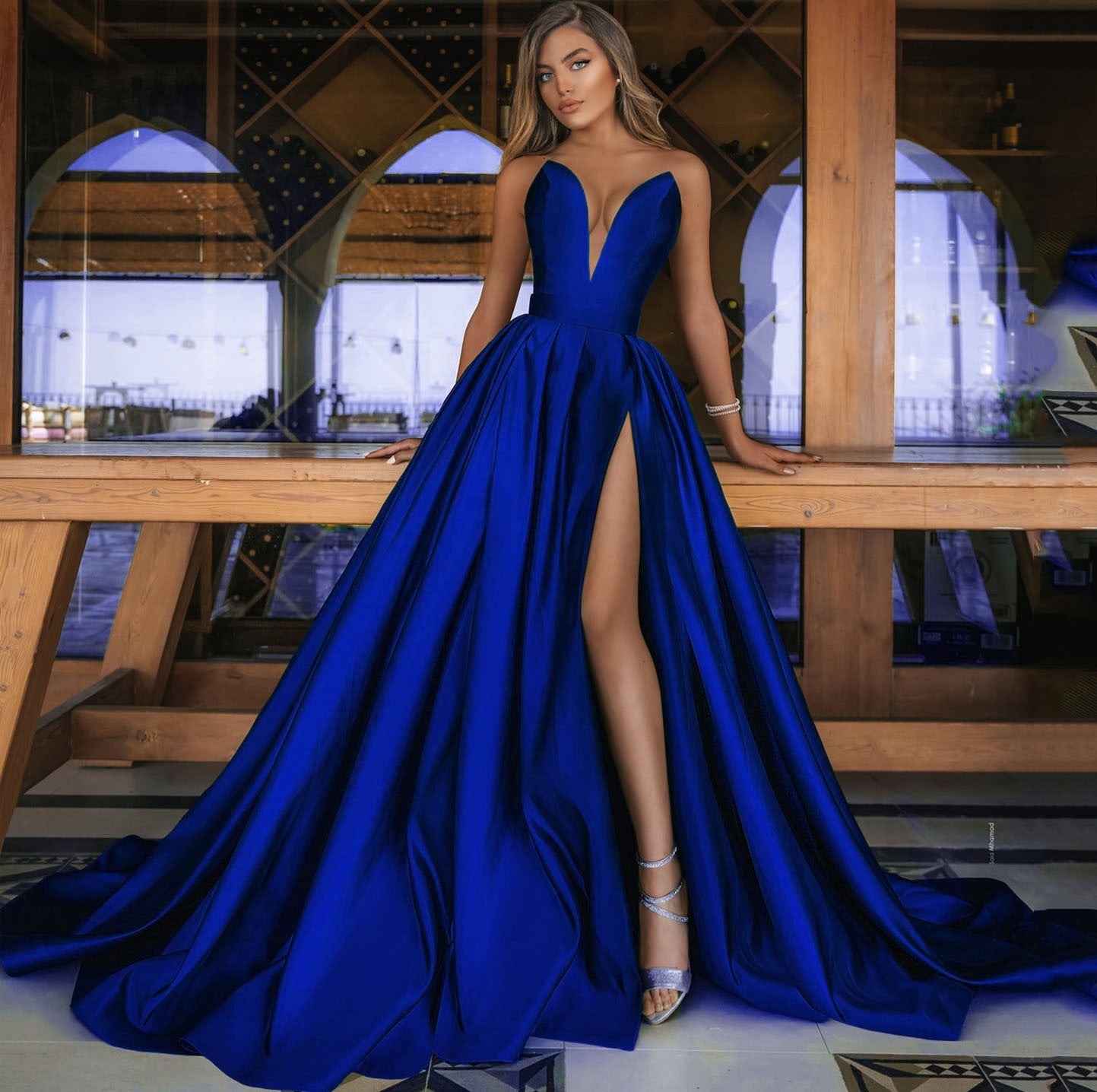 Women's Sexy Deep V Slit Dress Solid Color Wedding Dresses