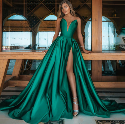 Women's Sexy Deep V Slit Dress Solid Color Wedding Dresses