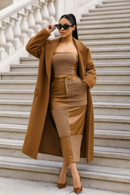 Fleece Tube Top Midi Skirt Set- Mocha