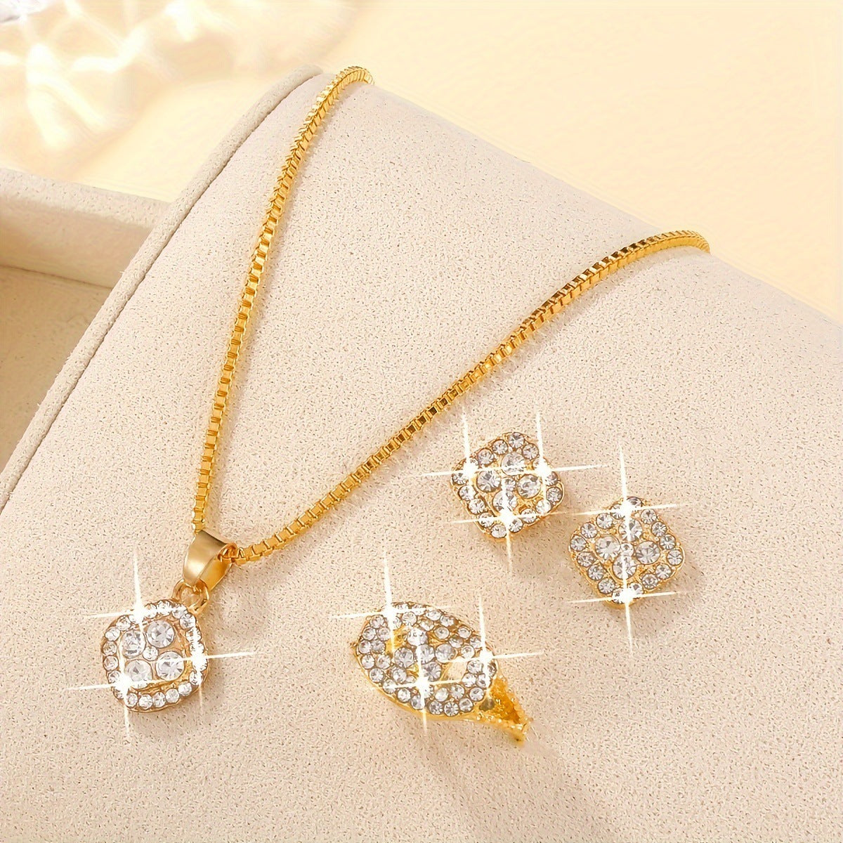 Light Luxury Diamond All-match Necklace Ring Three-piece Earrings Set