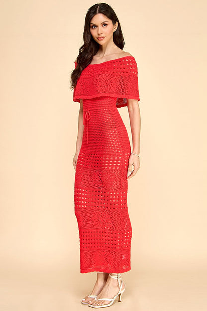 Off the Shoulder Beach Crochet Midi Dress- Red