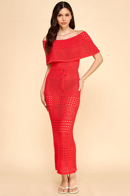 Off the Shoulder Beach Crochet Midi Dress- Red