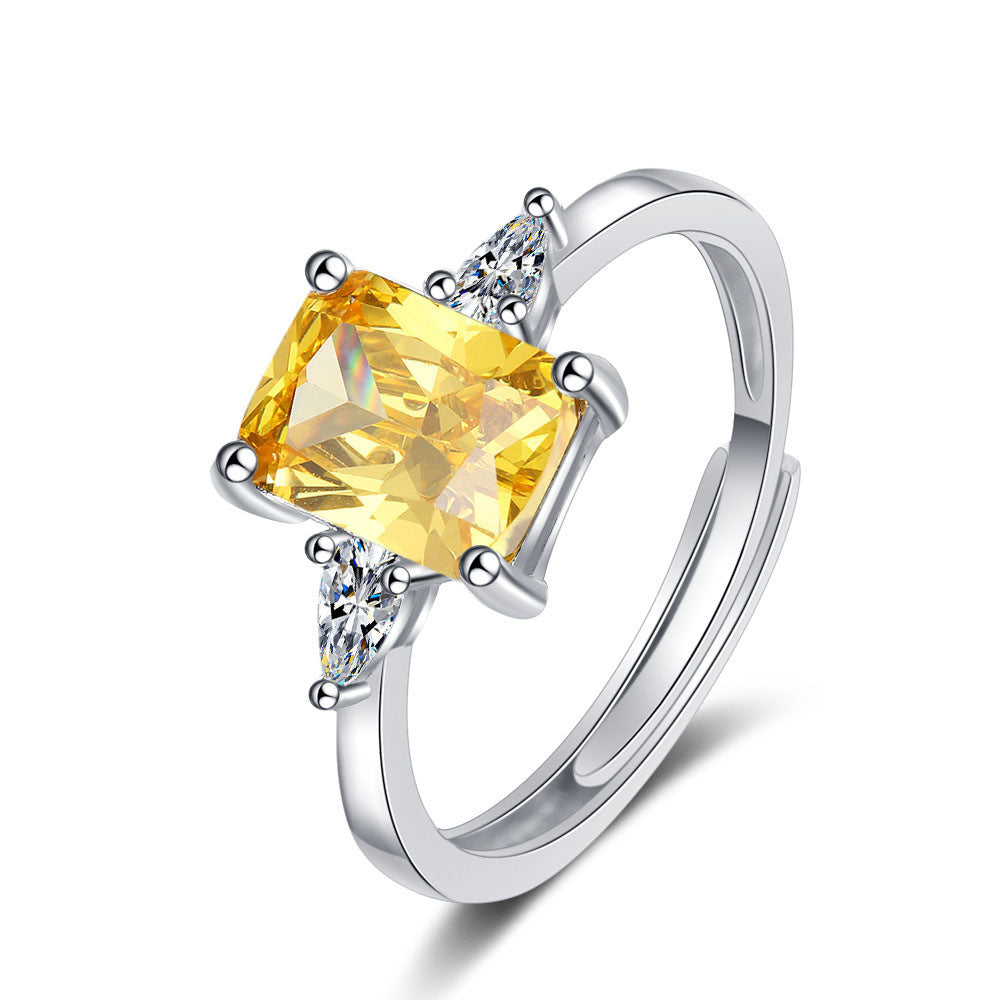 Ring Women's Simple Rectangular Yellow Diamond Zircon Opening Ring Diamond