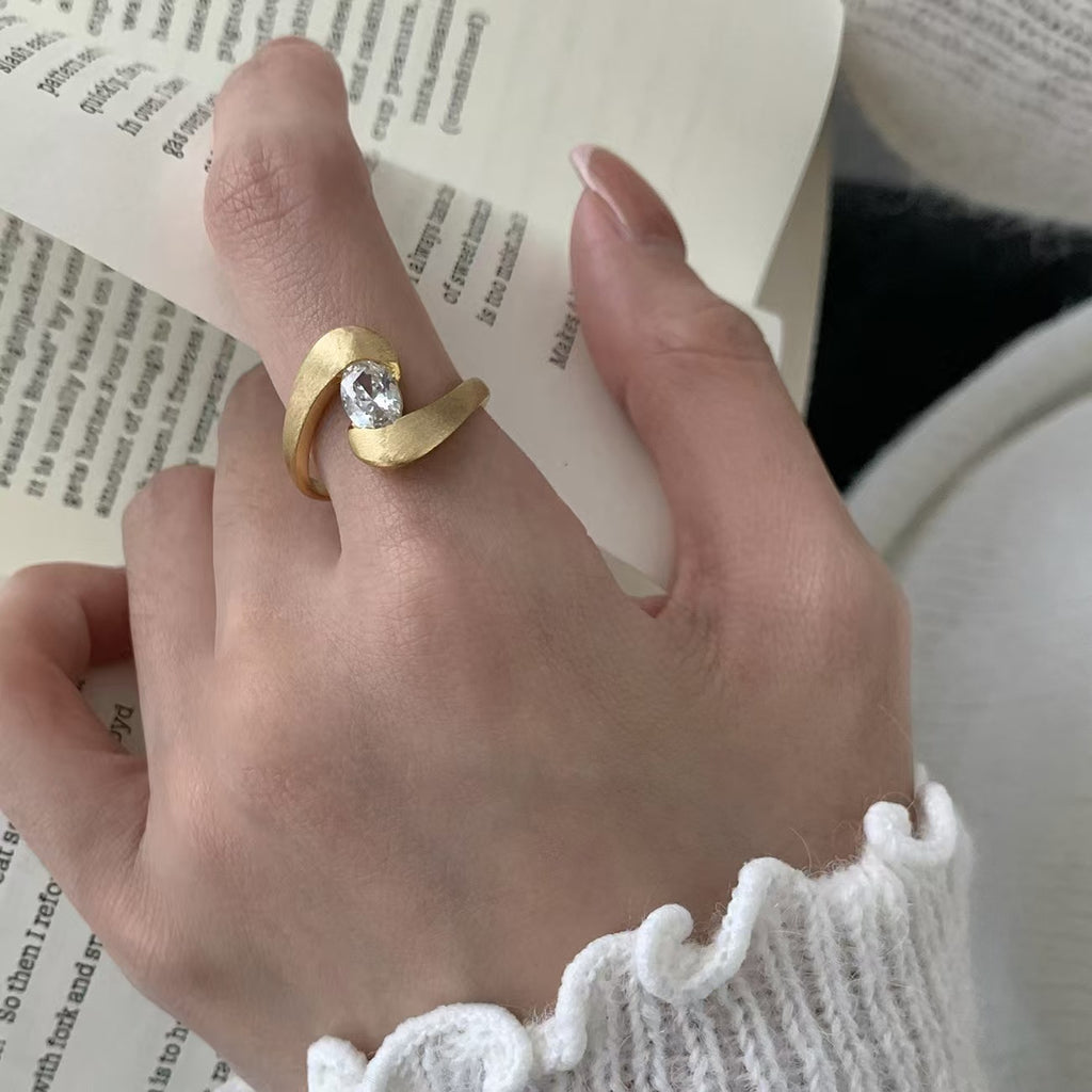 Irregular With Personality Brushed Zinc Alloy Ring Female Niche Inlaid Zircon