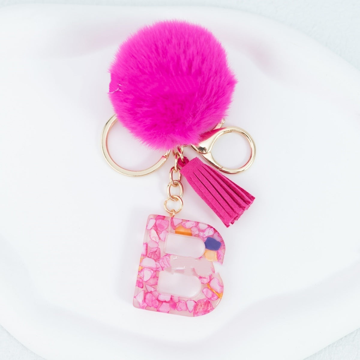 Rose Red Stone 26 English Letters Keychain Fur Ball Tassel Key Bag Pendant