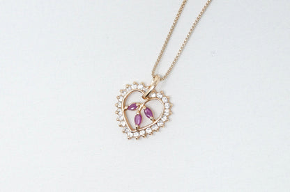 Vtg Ruby Simulated Heart Accented Rose Gold Vermeil Sterling Silver Necklace 18"