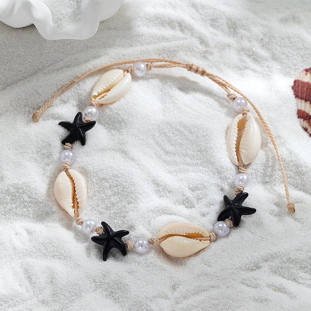 Starfish Shell Anklet Pearl Waterproof Wax Line Foot Ornaments Adjustable